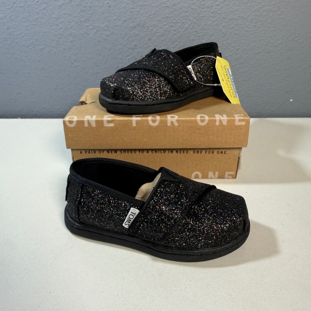 TOMS Classic Slip On Kids Size 6 Black Iridescent Glimmer NIB Sparkly Flats